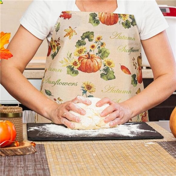 Whaline‎ 2 Pack Fall Apron Maple Leaves Pumpkins Sunflowers Linen Chef Cooking - Picture 6 of 8
